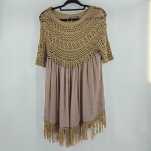 Boho‎ Crochet Knit Tunic Dress Fringe Neutral Indie Granola Earthy Forest Fairy